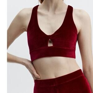 Fabletics NEW Oasis Twist Front Velour Sport Bra MEDIUM Cherry Burst Criss Cross